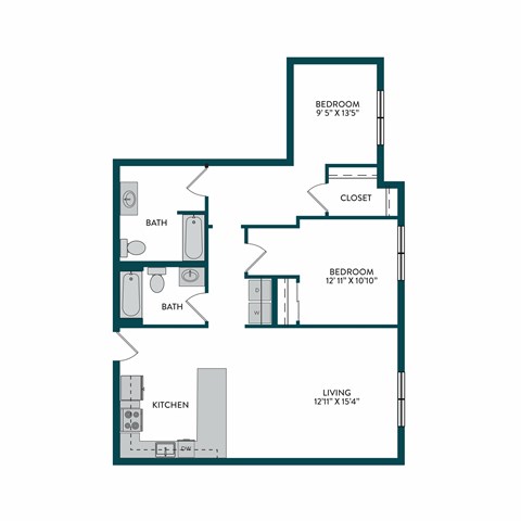 A floor plan of a home with a living room, kitchen, two bathrooms, and two bedrooms.